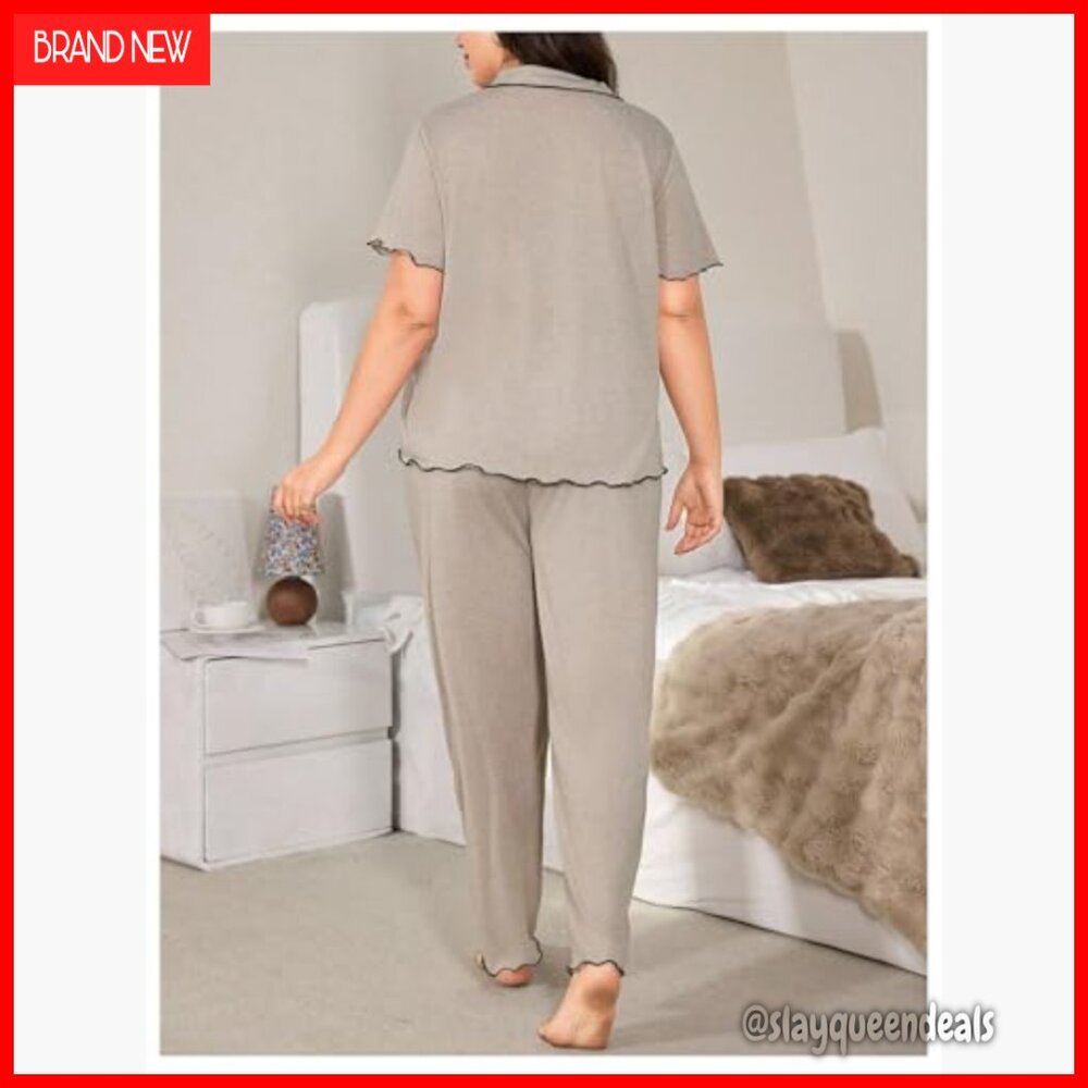Plus Size Short Sleeve Button Up Pajama Set 2 Piece Sleepwear Lounge - Picture 2 of 5